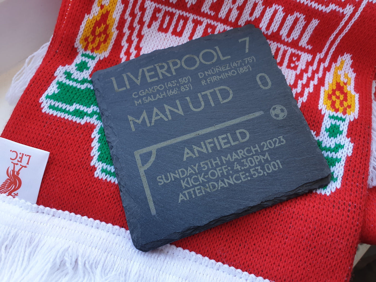 Liverpool 7 - 0 Manchester United - 2023 Premier League Game Slate Coaster // Anfield LFC YNWA Football Fans Gift Father's Day Utd Sunday 5th March