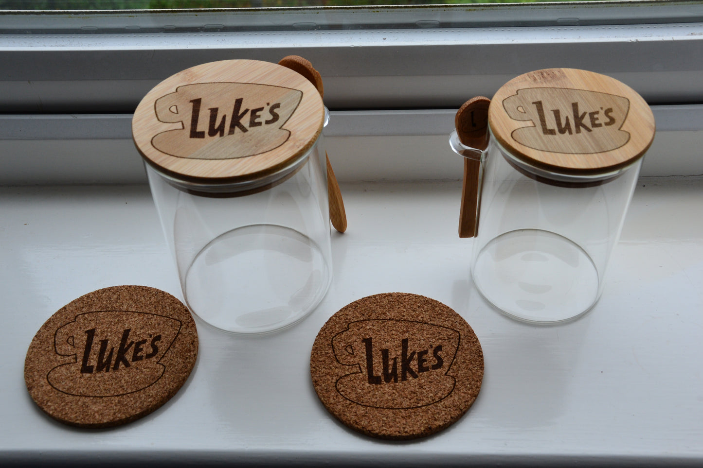 Luke's Coffee - Gilmore Girls Inspired Coffee Storage Jar // 500ml or 800ml Glass & Bamboo w/ spoon - Customisable underside quote