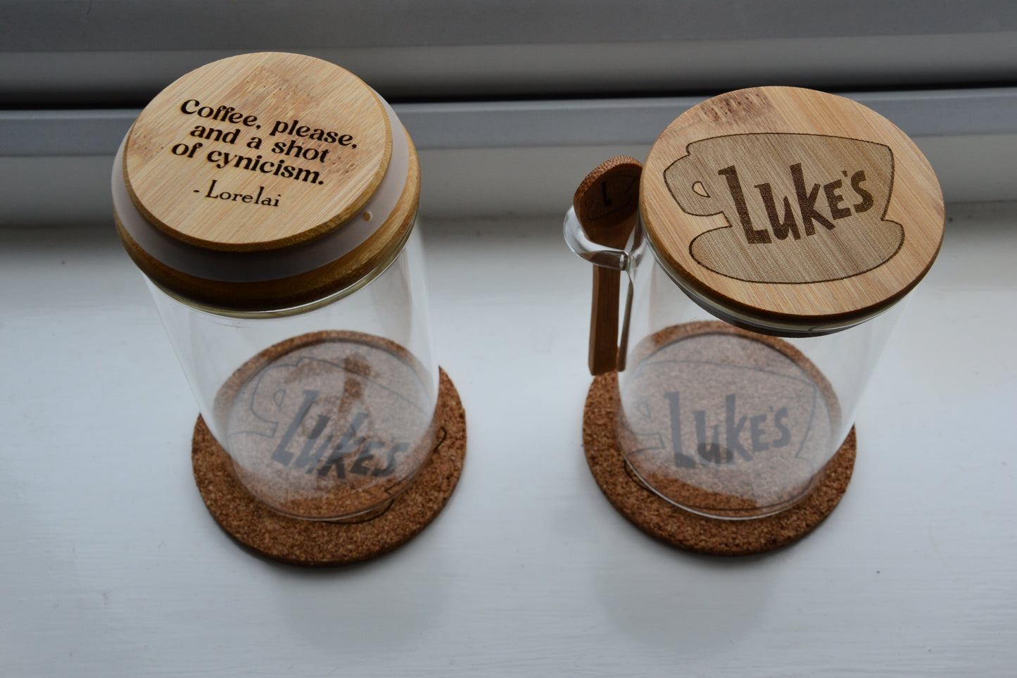Luke's Coffee - Gilmore Girls Inspired Coffee Storage Jar // 500ml or 800ml Glass & Bamboo w/ spoon - Customisable underside quote