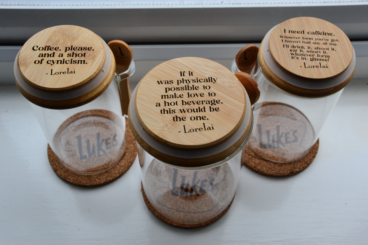 Luke's Coffee - Gilmore Girls Inspired Coffee Storage Jar // 500ml or 800ml Glass & Bamboo w/ spoon - Customisable underside quote