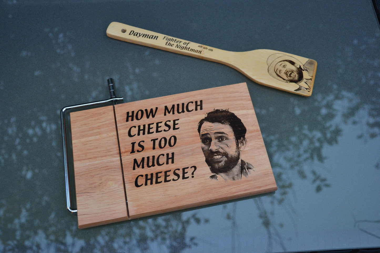 How much cheese is too much cheese? Charlie Kelly inspired Wood Cheese Board with Wire Cutter // Always Sunny in Philadelphia Fan Gift