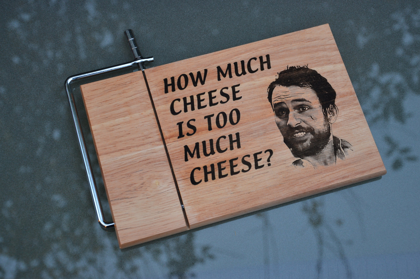 How much cheese is too much cheese? Charlie Kelly inspired Wood Cheese Board with Wire Cutter // Always Sunny in Philadelphia Fan Gift