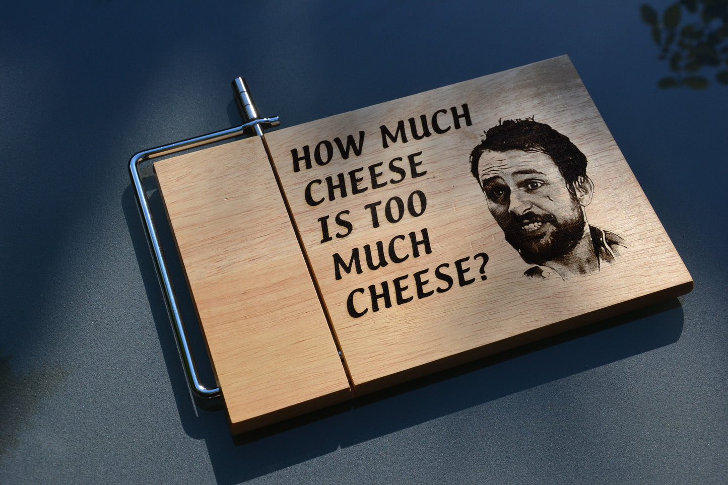 How much cheese is too much cheese? Charlie Kelly inspired Wood Cheese Board with Wire Cutter // Always Sunny in Philadelphia Fan Gift