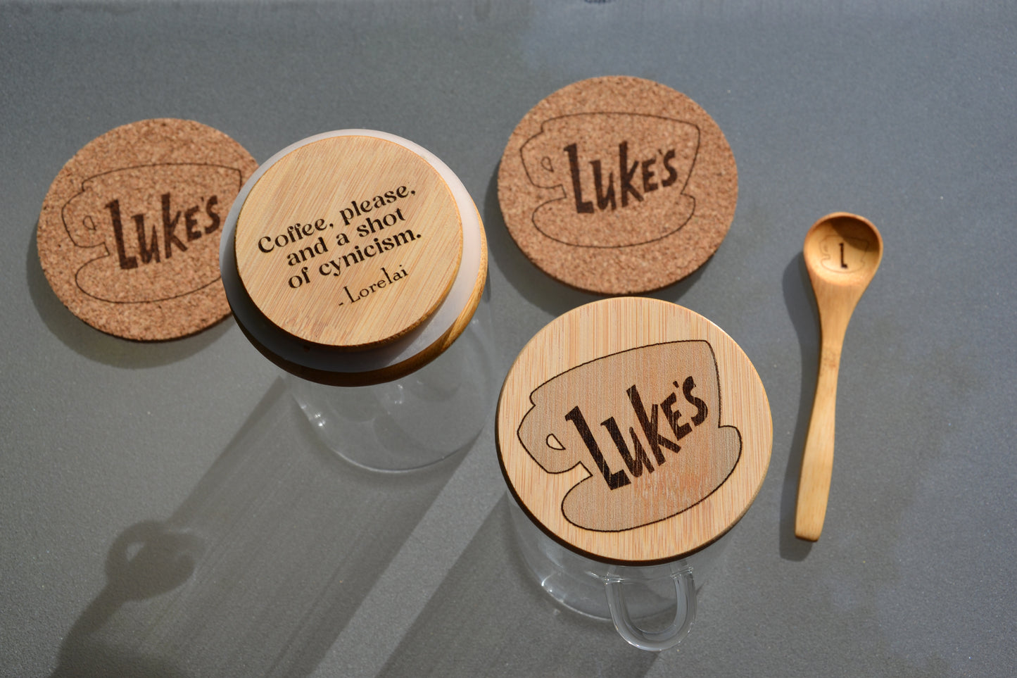 Luke's Coffee - Gilmore Girls Inspired Coffee Storage Jar // 500ml or 800ml Glass & Bamboo w/ spoon - Customisable underside quote