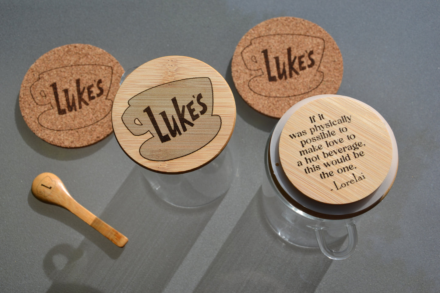 Luke's Coffee - Gilmore Girls Inspired Coffee Storage Jar // 500ml or 800ml Glass & Bamboo w/ spoon - Customisable underside quote