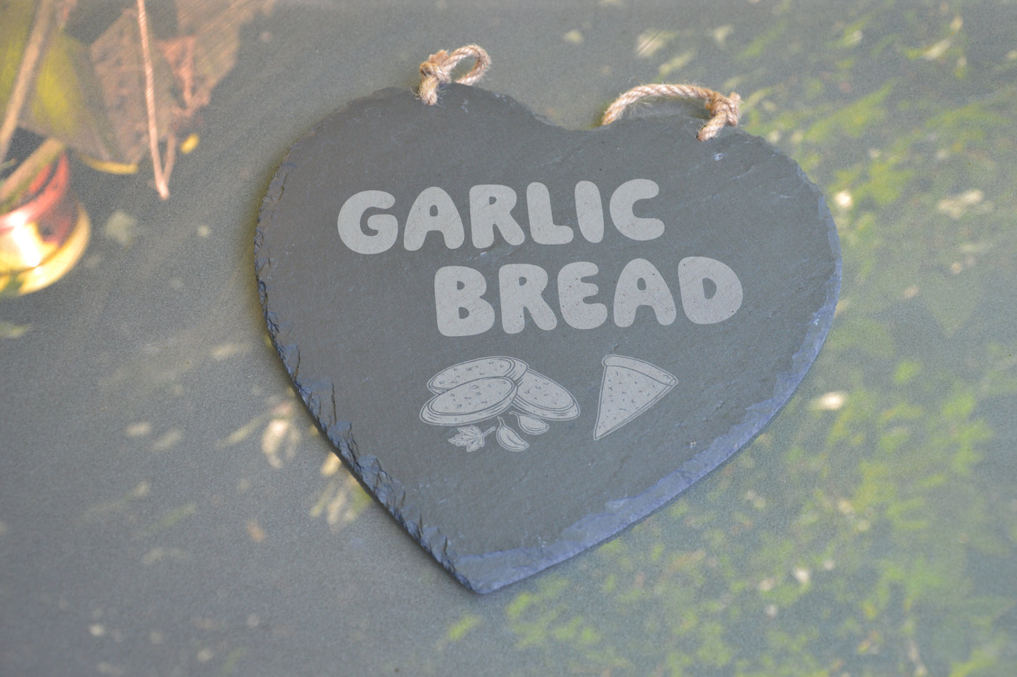 Garlic Bread - Hanging Slate Heart Sign (24cm) // Chic House Decor Housewarming Restaurant White Girl Alternative Funny Meme Quirky Kitsch
