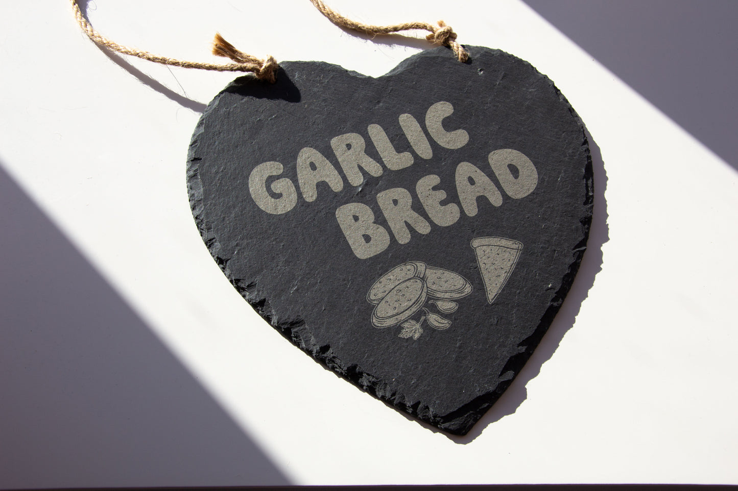 Garlic Bread - Hanging Slate Heart Sign (24cm) // Chic House Decor Housewarming Restaurant White Girl Alternative Funny Meme Quirky Kitsch