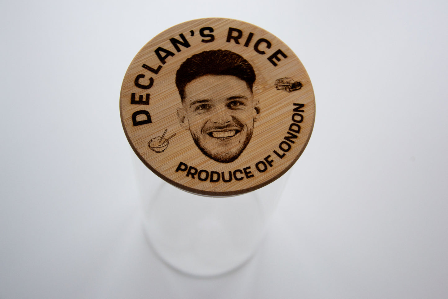 Declan's Rice - 1400ml Glass Rice Storage Jar - Arsenal Fan Gift Premier League Meme