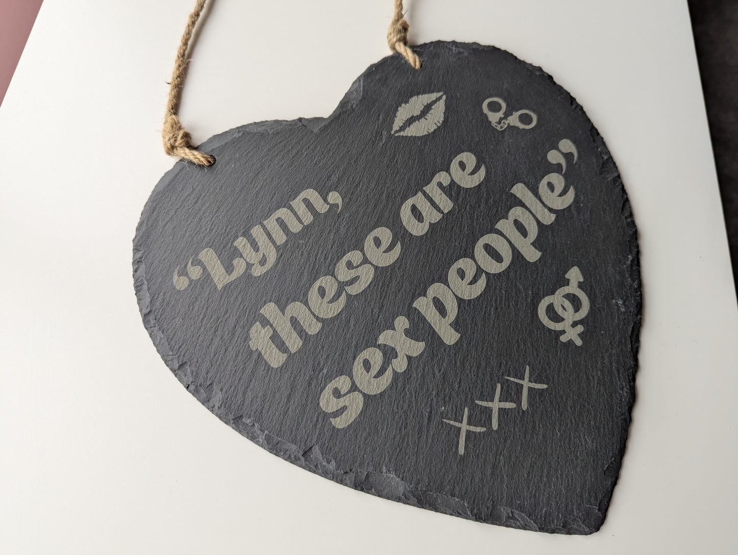 Lynn, these are sex people - Alan Partridge inspired Hanging Slate Heart Sign (24cm) // British Comedy Home Decor