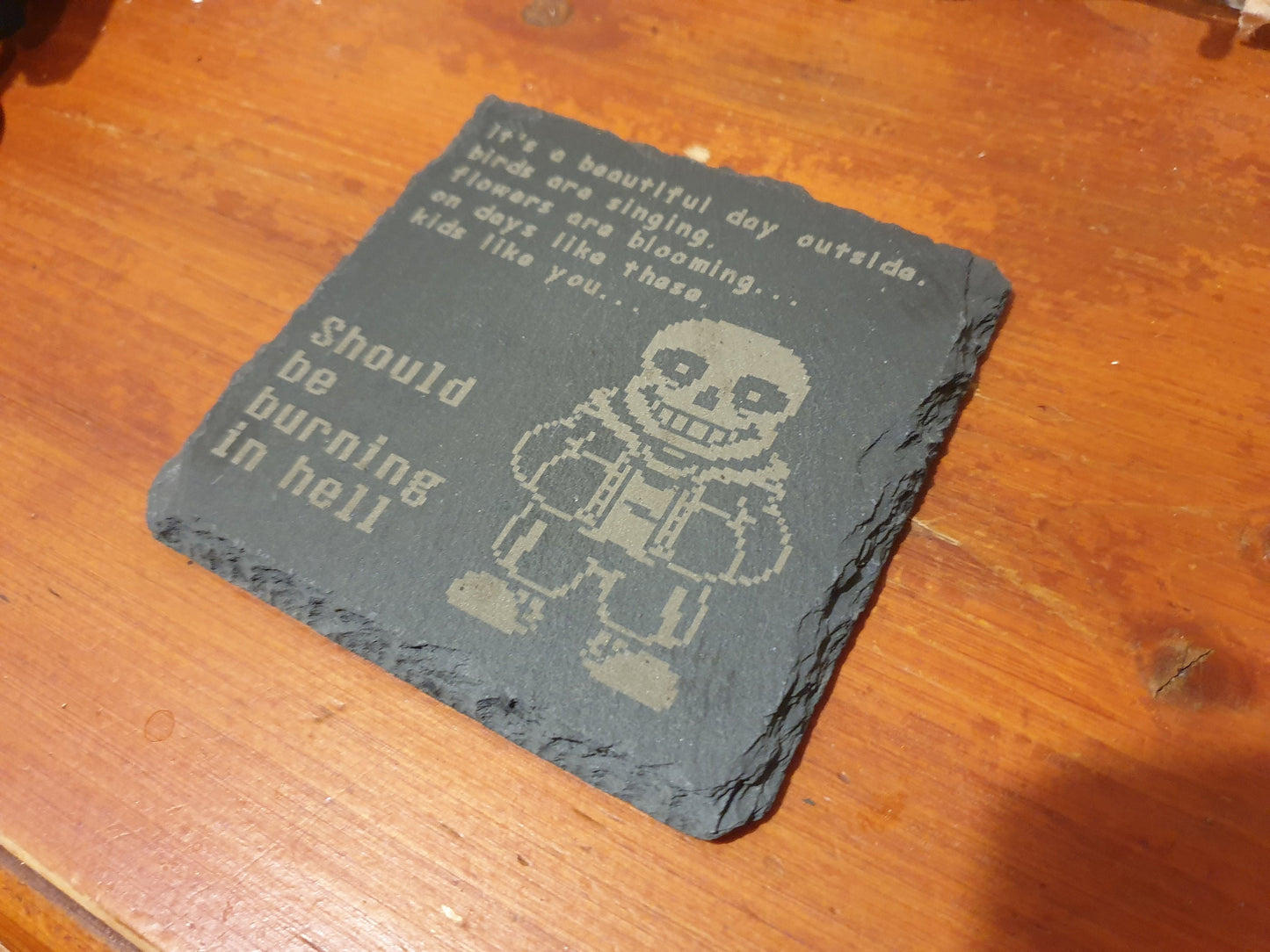 UNDERTALE Sans - Burning in Hell - Slate Coaster + Annoying Dog Cork Coaster // Excellent inspired gaming fan gift set