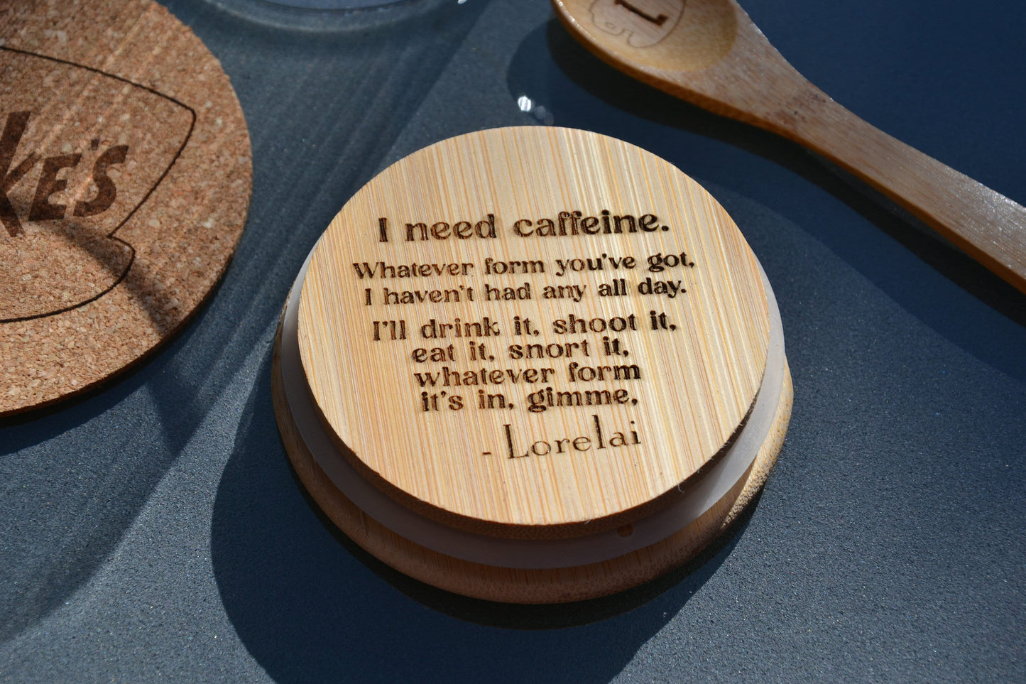 Luke's Coffee - Gilmore Girls Inspired Coffee Storage Jar // 500ml or 800ml Glass & Bamboo w/ spoon - Customisable underside quote