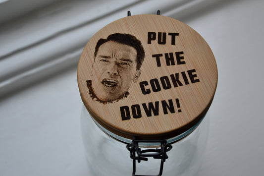 Put the COOKIE DOWN! - Jingle All The Way inspired Cookie Jar // Christmas Gift 90s Kids Movie Kitchen Gift Ideas Arnold Schwarzenegger Fans