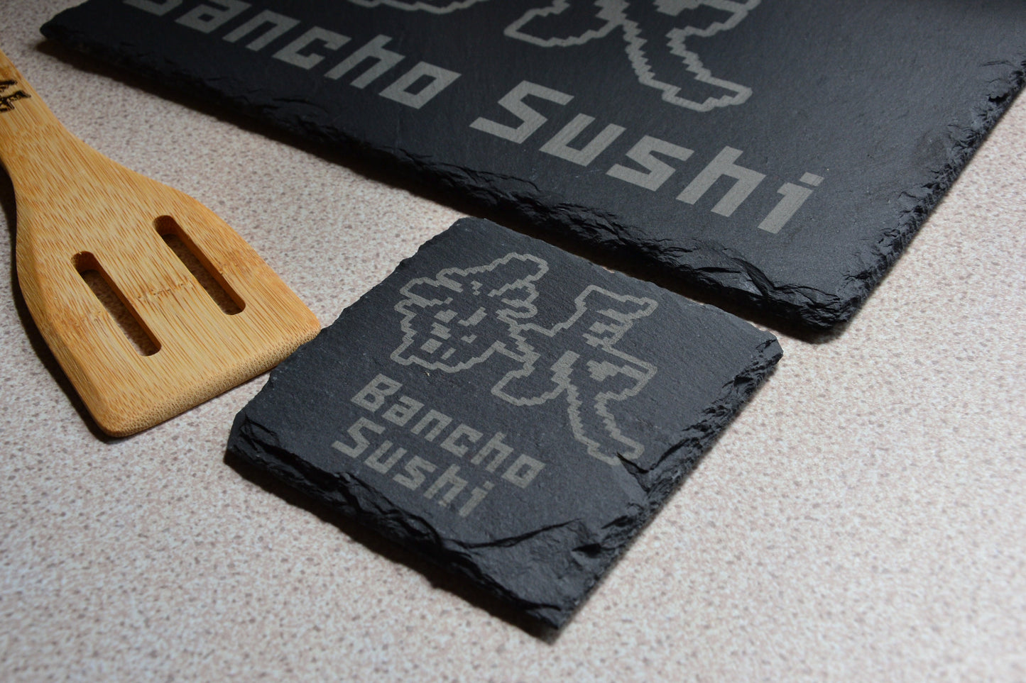 Bancho Sushi Slate Serving Board + Slate Coaster + Bamboo Spatula // Dave the Diver inspired kitchenware set / Gamer Gifts Japanese Food
