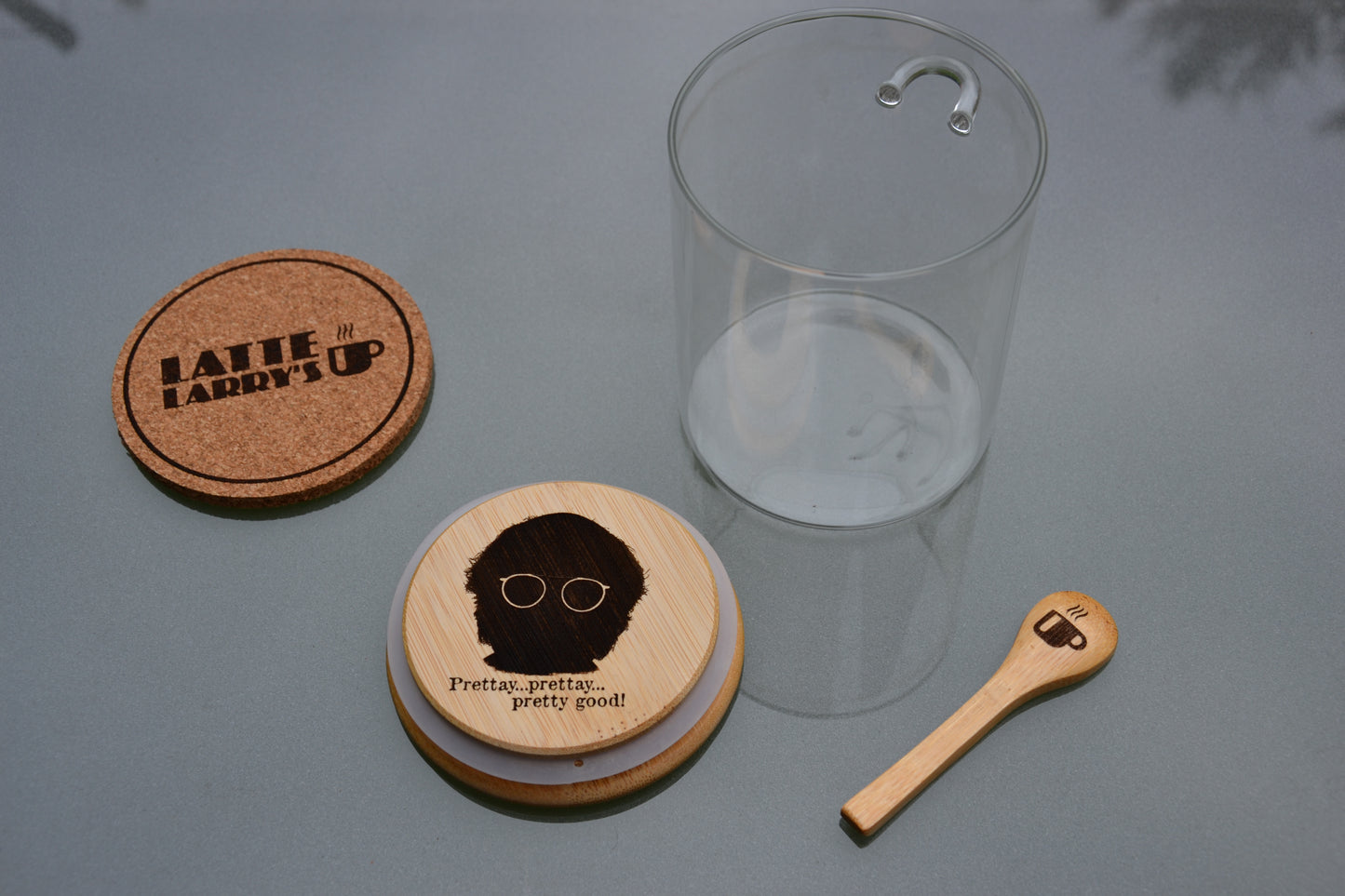 Latte Larry's Curb Your Enthusiasm - 500ml Coffee Storage Jar - Glass & Bamboo w/ spoon // Larry David Fan Gift HBO Comedy Mocha Joes
