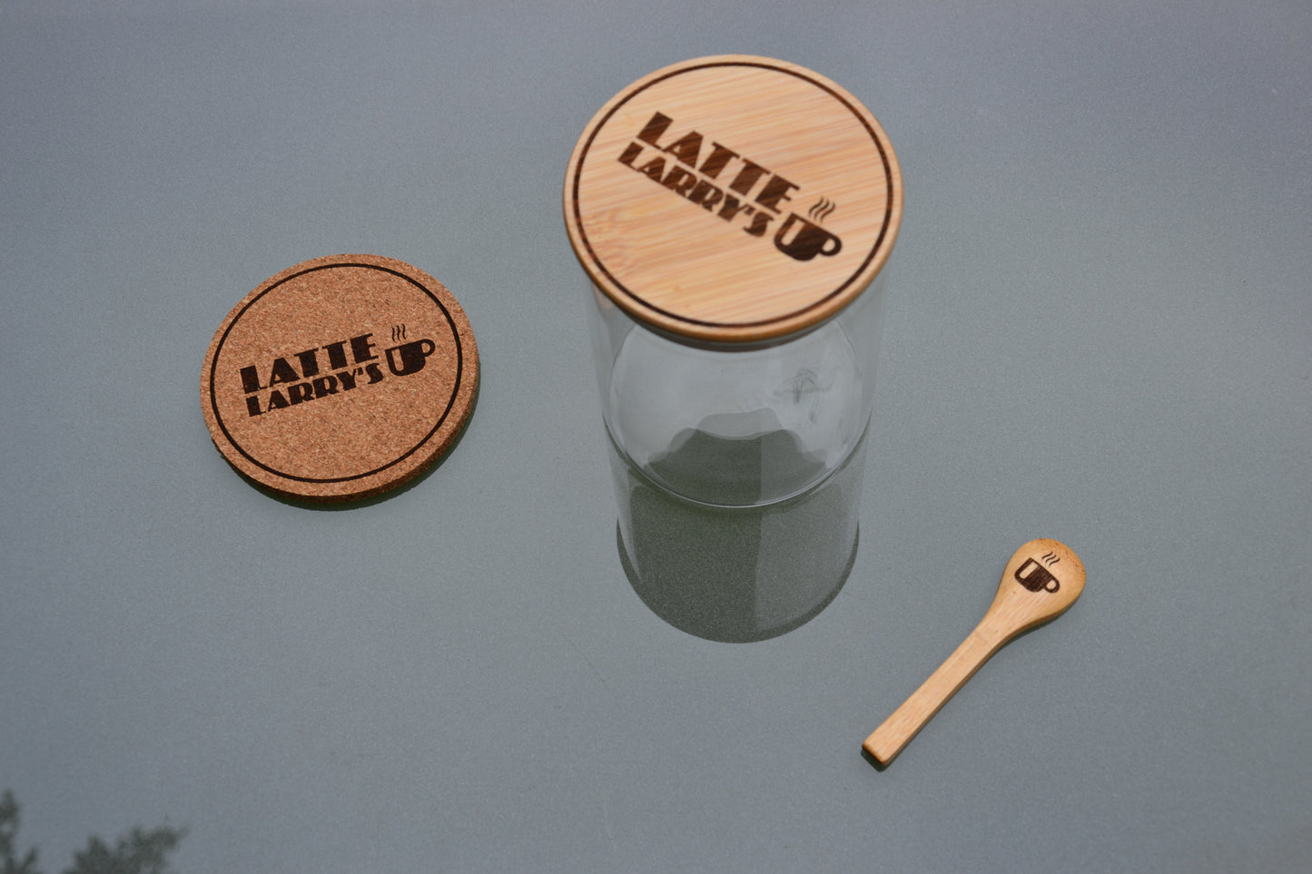 Latte Larry's Curb Your Enthusiasm - 500ml Coffee Storage Jar - Glass & Bamboo w/ spoon // Larry David Fan Gift HBO Comedy Mocha Joes