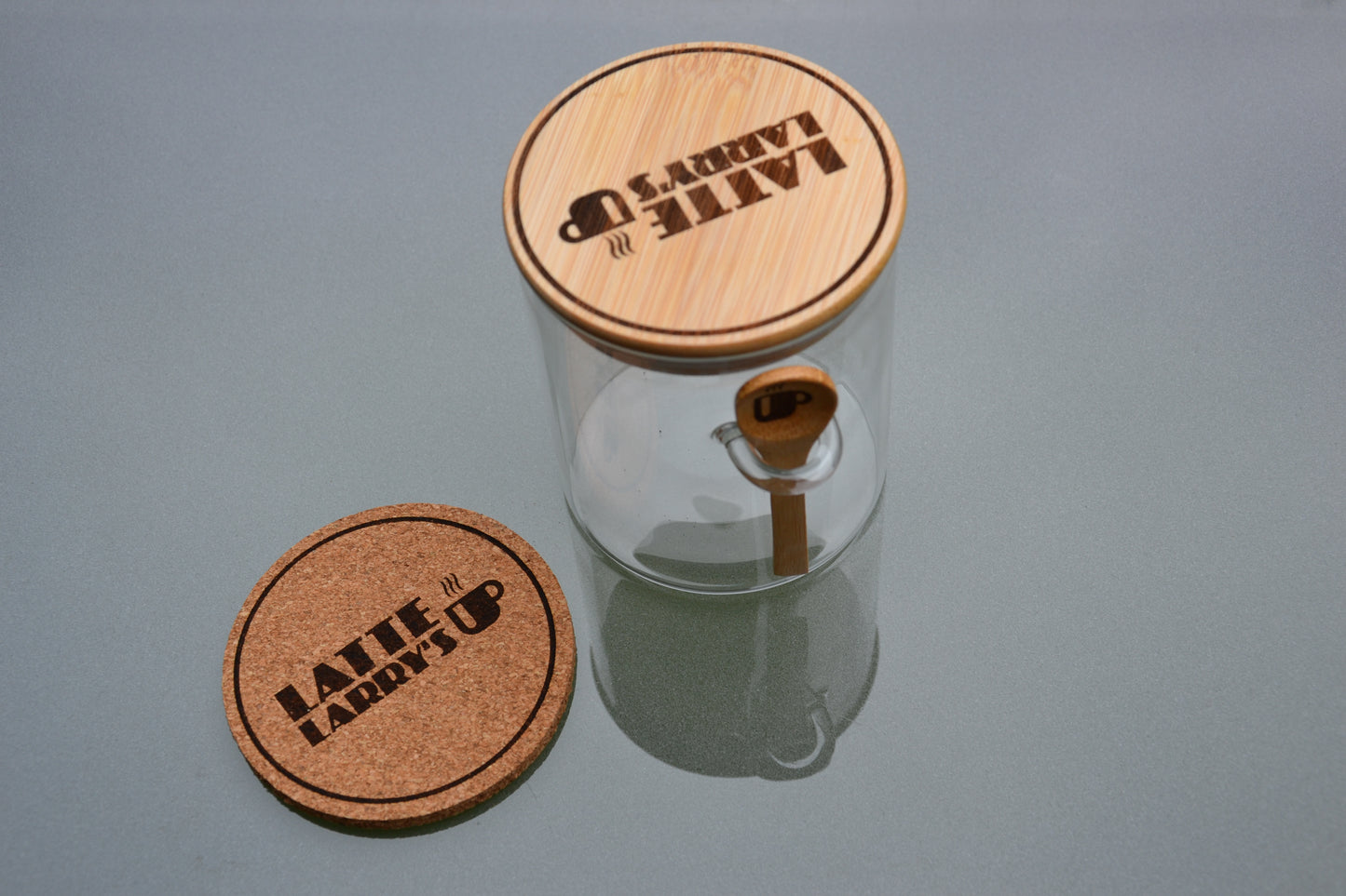 Latte Larry's Curb Your Enthusiasm - 500ml Coffee Storage Jar - Glass & Bamboo w/ spoon // Larry David Fan Gift HBO Comedy Mocha Joes