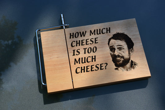 How much cheese is too much cheese?  Charlie Kelly inspired Wood Cheese Board with Wire Cutter // Always Sunny in Philadelphia Fan Gift