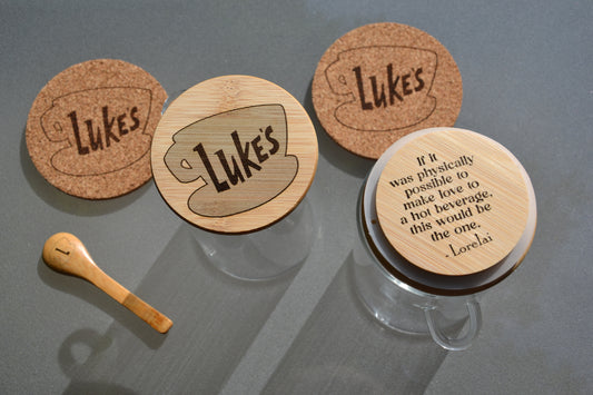 Luke's Coffee - Gilmore Girls Inspired Coffee Storage Jar // 500ml or 800ml Glass & Bamboo w/ spoon - Customisable underside quote