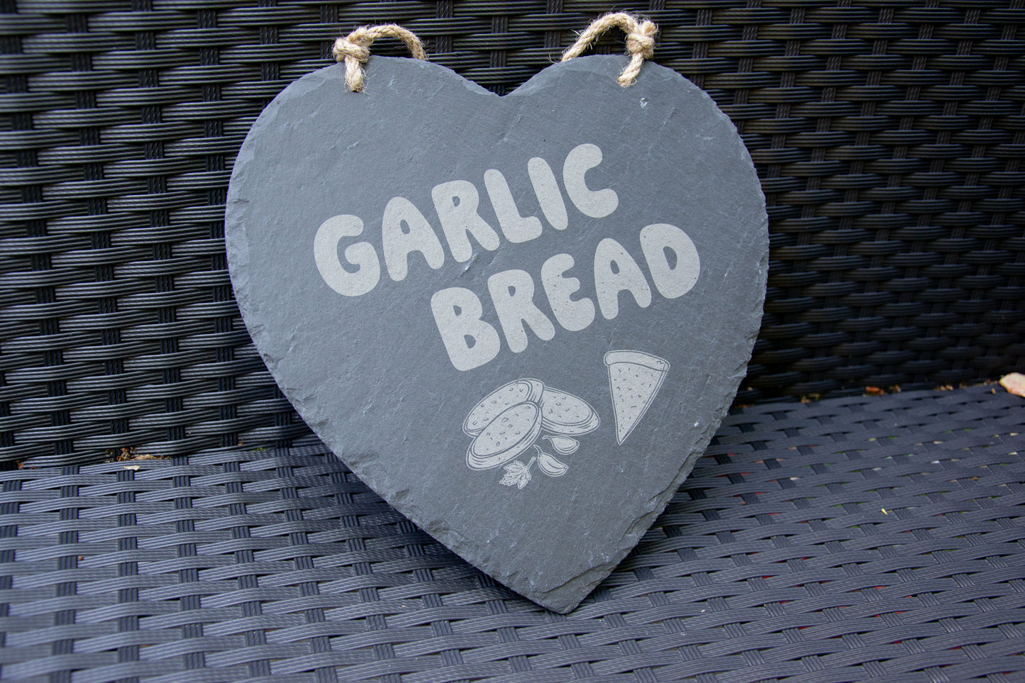 Garlic Bread - Hanging Slate Heart Sign (24cm) // Chic House Decor Housewarming Restaurant White Girl Alternative Funny Meme Quirky Kitsch