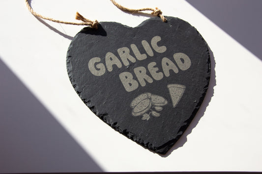 Garlic Bread - Hanging Slate Heart Sign (24cm) // Chic House Decor Housewarming Restaurant White Girl Alternative Funny Meme Quirky Kitsch
