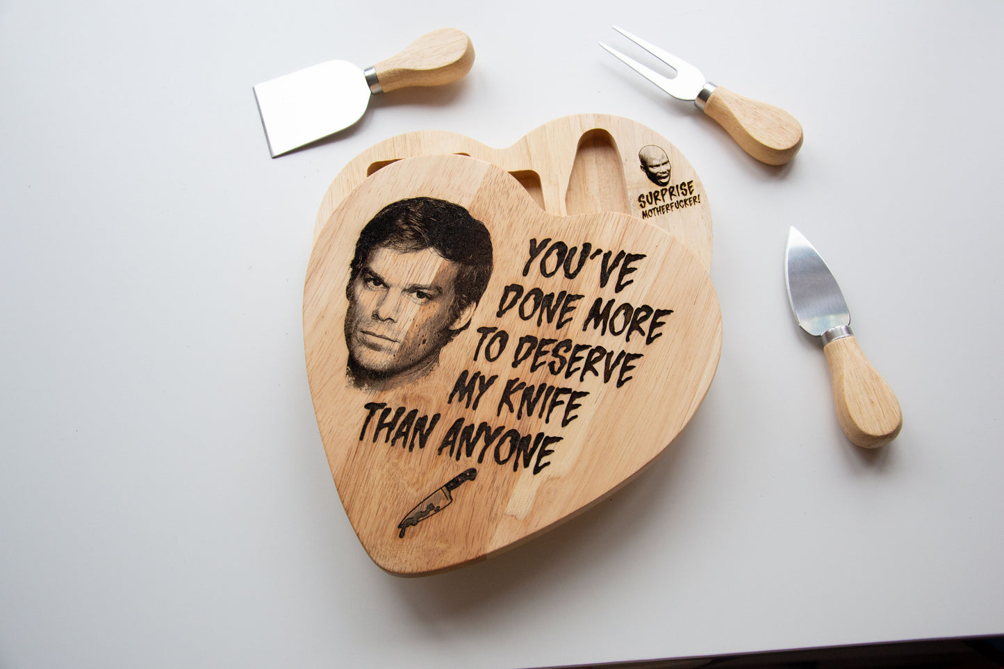 Dexter Morgan "You deserve my knife..." inspired Fancy Wooden Cheeseboard/ Charcuterie Serving Set