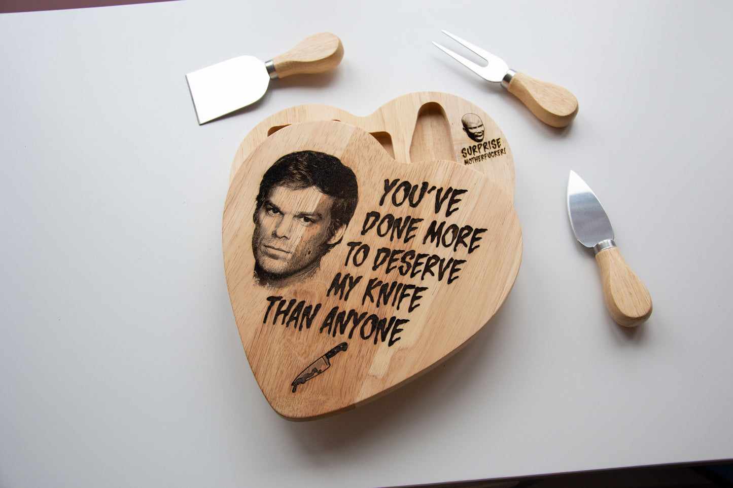Dexter Morgan "You deserve my knife..." inspired Fancy Wooden Cheeseboard/ Charcuterie Serving Set