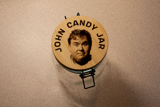 John Candy Jar - Glass Candy/ Sweet Jar with Bamboo Lid - w/ Personalise quote option