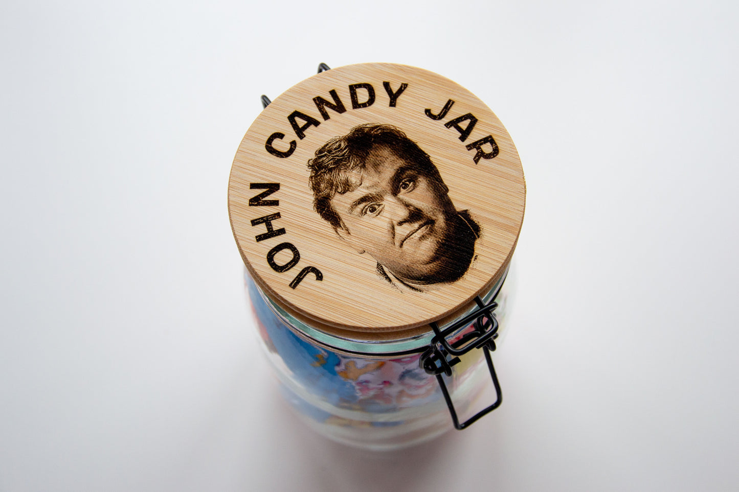 John Candy Jar - Glass Candy/ Sweet Jar with Bamboo Lid - w/ Personalise quote option