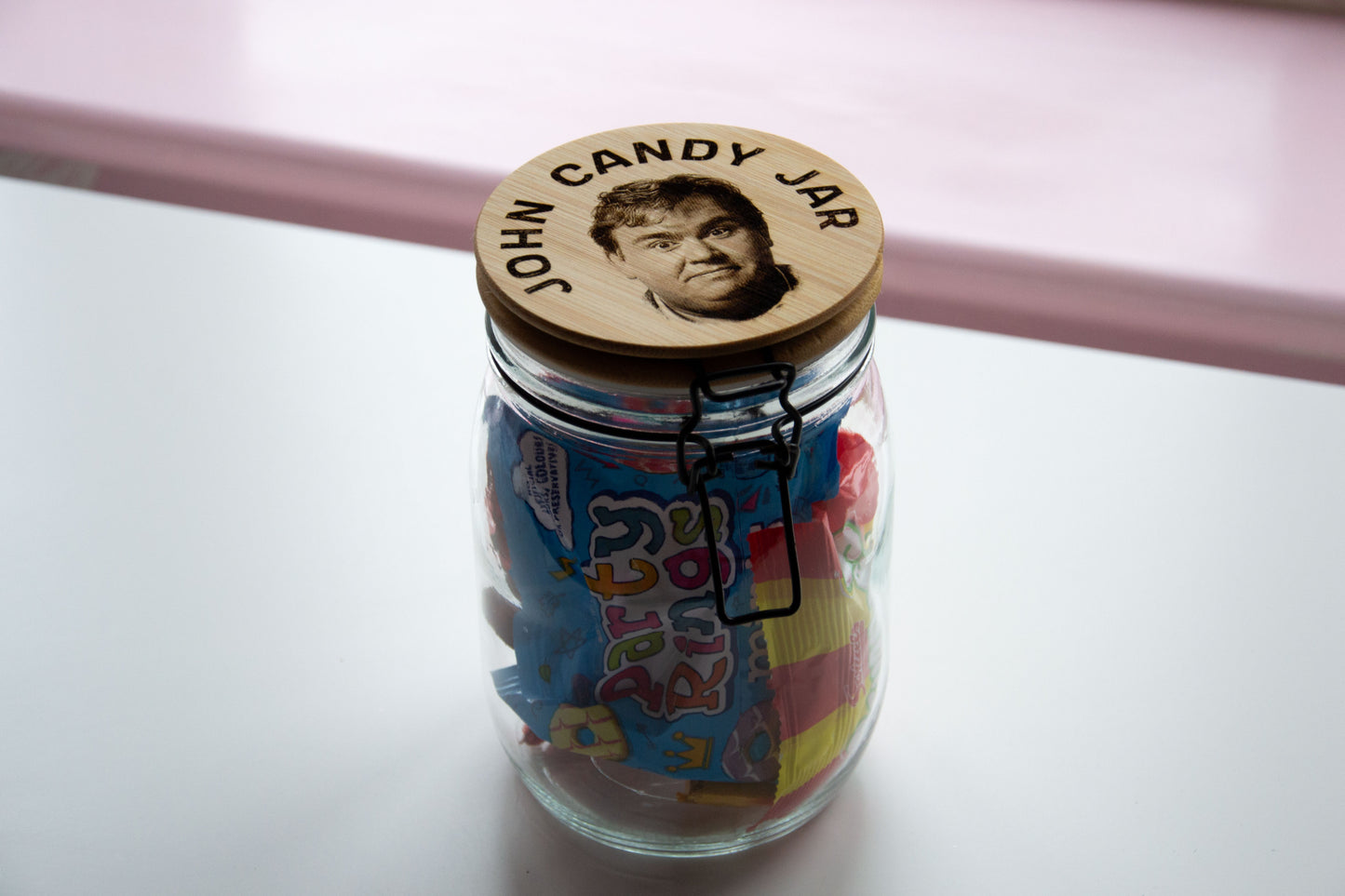 John Candy Jar - Glass Candy/ Sweet Jar with Bamboo Lid - w/ Personalise quote option