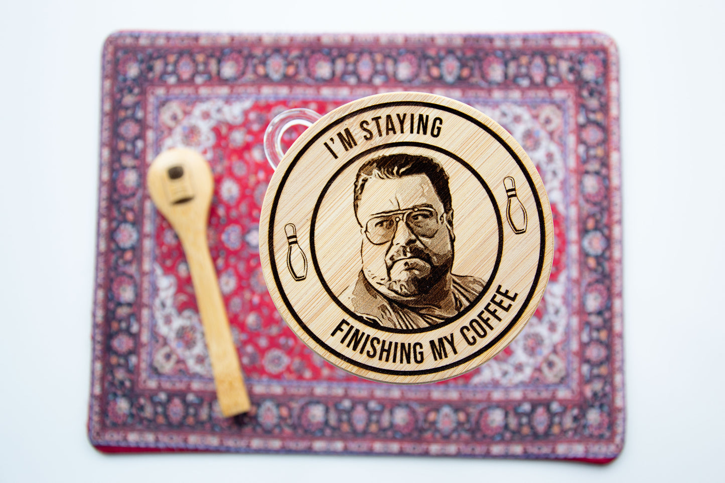 Walter Sobchak - I'm Staying Finishing My Coffee - Coffee Storage Jar - Glass & Bamboo w/ spoon - The Big Lebowski Gift - The Dude