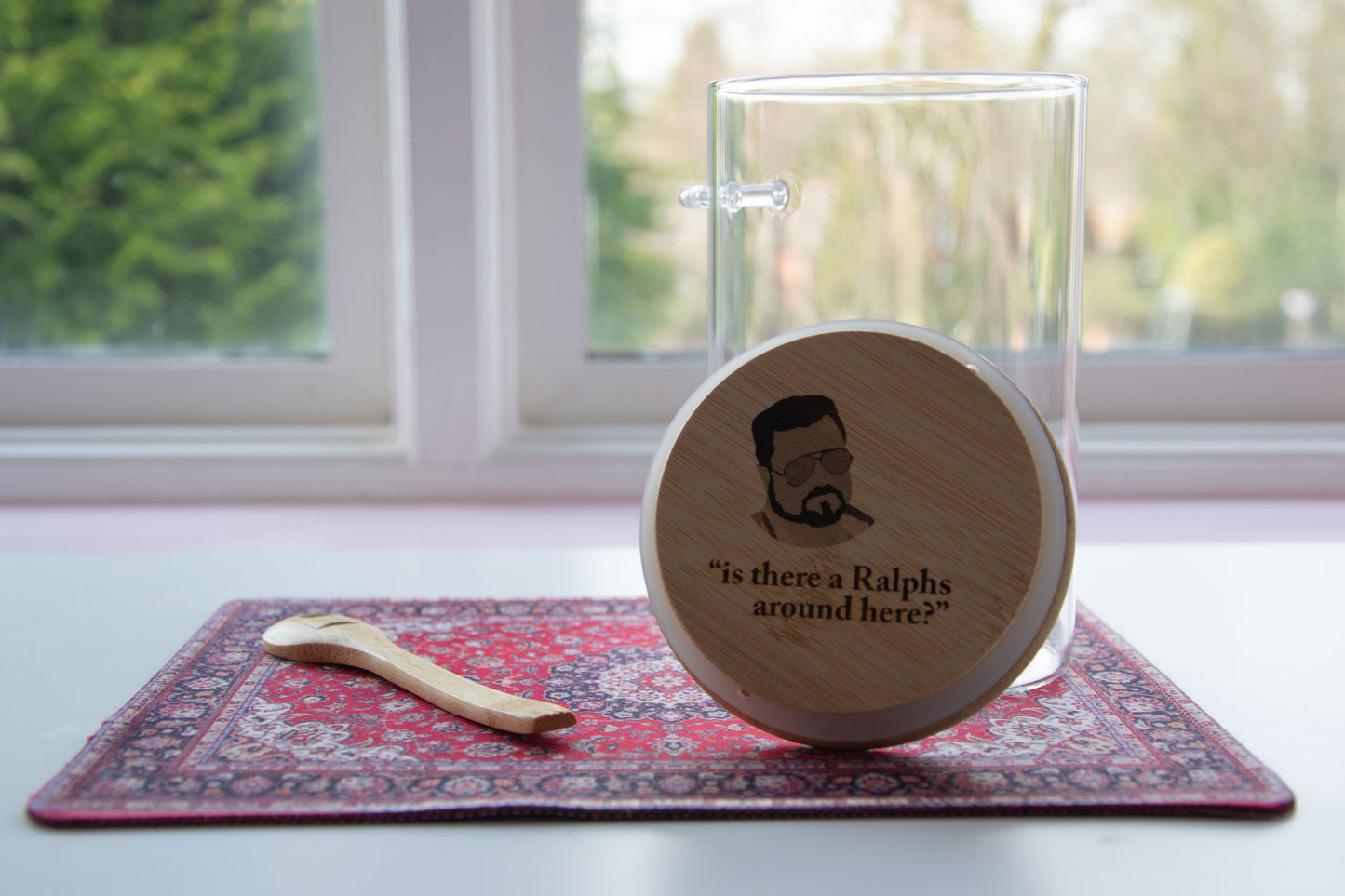 Walter Sobchak - I'm Staying Finishing My Coffee - Coffee Storage Jar - Glass & Bamboo w/ spoon - The Big Lebowski Gift - The Dude