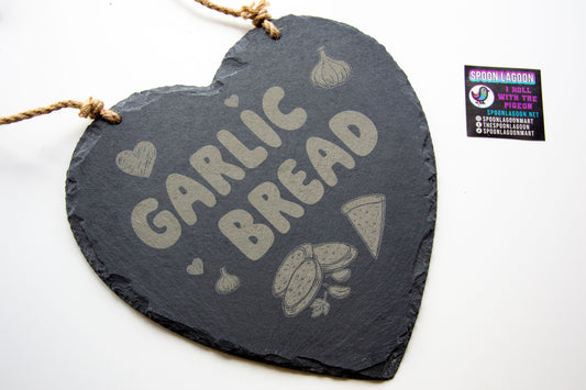 Garlic Bread - Hanging Slate Heart Sign (24cm) // Chic House Decor Housewarming Restaurant White Girl Alternative Funny Meme Quirky Kitsch
