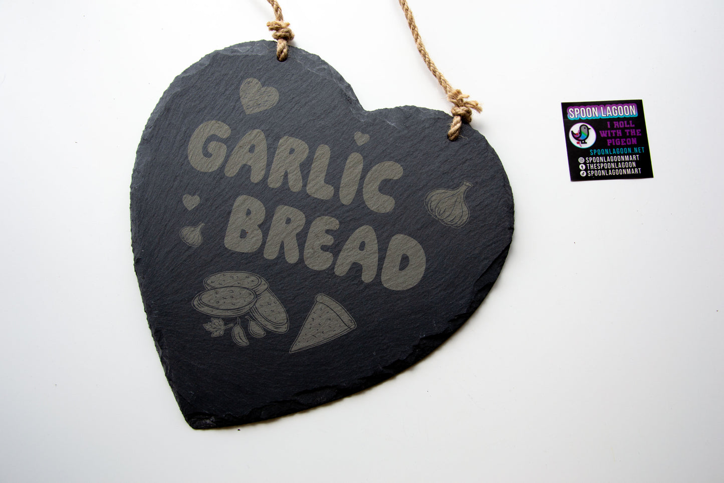 Garlic Bread - Hanging Slate Heart Sign (24cm) // Chic House Decor Housewarming Restaurant White Girl Alternative Funny Meme Quirky Kitsch