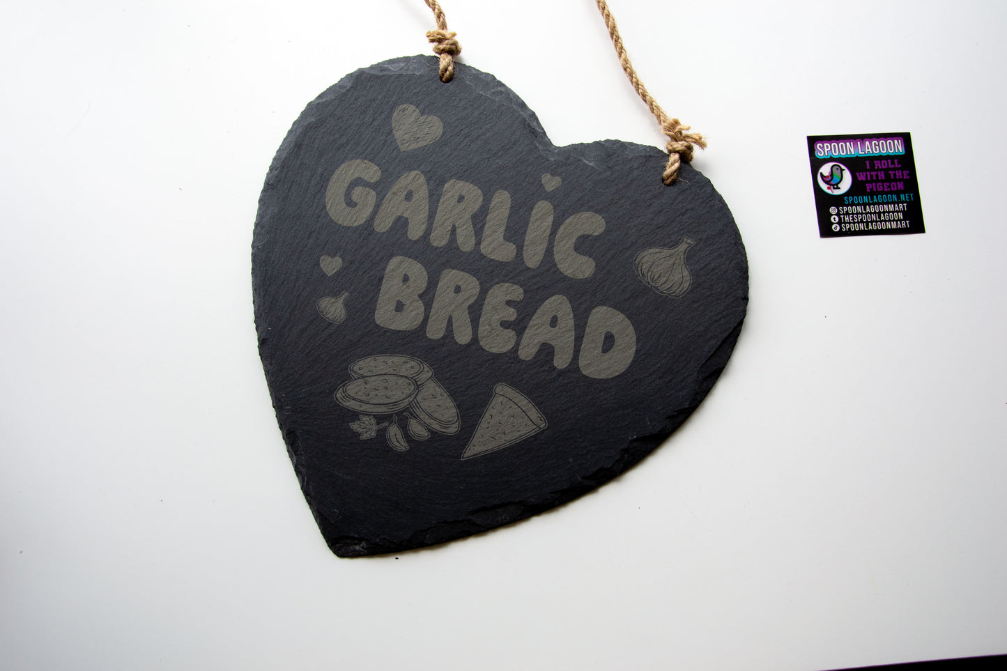 Garlic Bread - Hanging Slate Heart Sign (24cm) // Chic House Decor Housewarming Restaurant White Girl Alternative Funny Meme Quirky Kitsch