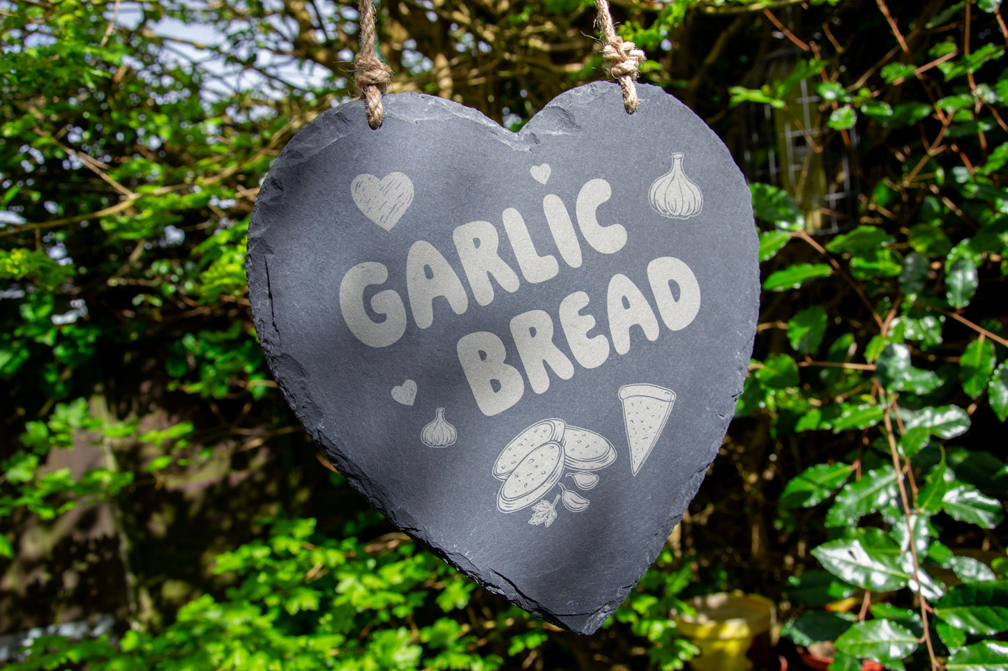 Garlic Bread - Hanging Slate Heart Sign (24cm) // Chic House Decor Housewarming Restaurant White Girl Alternative Funny Meme Quirky Kitsch