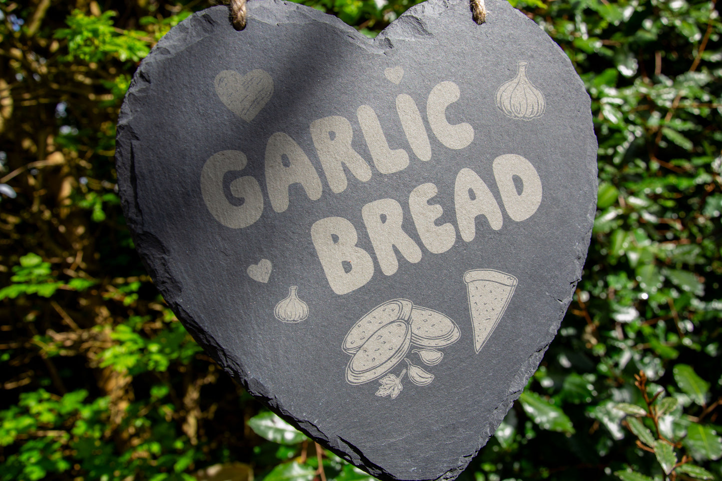 Garlic Bread - Hanging Slate Heart Sign (24cm) // Chic House Decor Housewarming Restaurant White Girl Alternative Funny Meme Quirky Kitsch