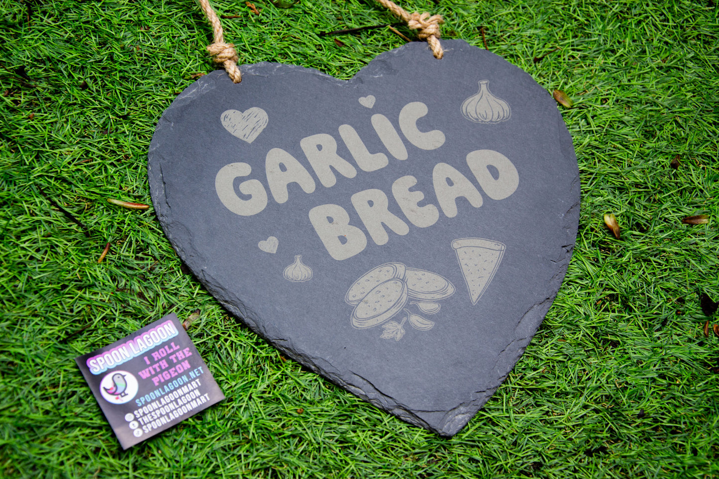 Garlic Bread - Hanging Slate Heart Sign (24cm) // Chic House Decor Housewarming Restaurant White Girl Alternative Funny Meme Quirky Kitsch