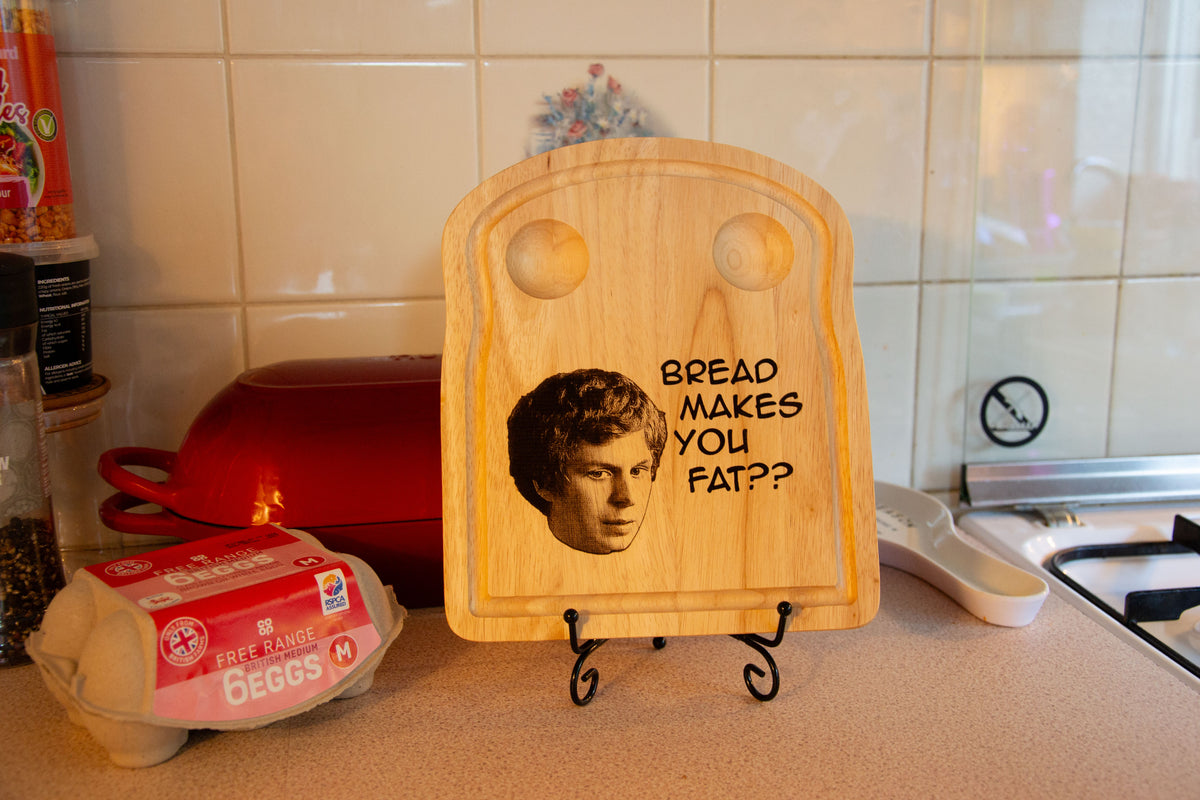 Bread makes you fat?? Scott Pilgrim-inspired Breakfast Serving Board // Michael Cera funny meme kitchenware B'fast Eggs