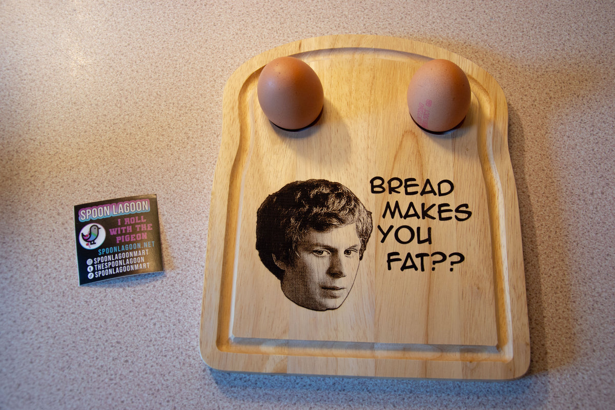 Bread makes you fat?? Scott Pilgrim-inspired Breakfast Serving Board // Michael Cera funny meme kitchenware B'fast Eggs
