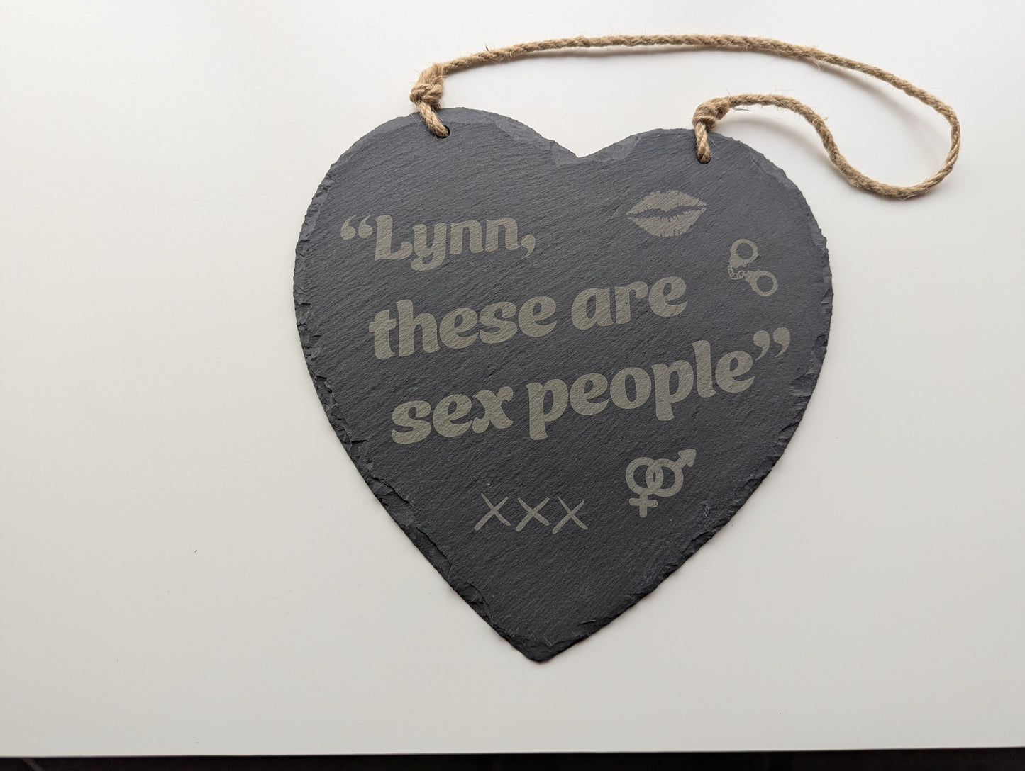Lynn, these are sex people - Alan Partridge inspired Hanging Slate Heart Sign (24cm) // British Comedy Home Decor