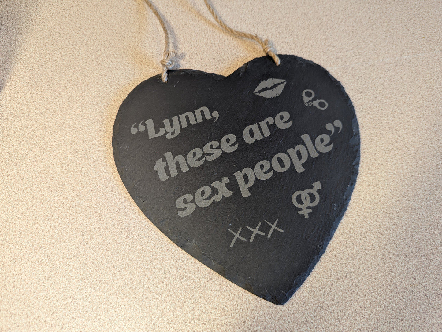 Lynn, these are sex people - Alan Partridge inspired Hanging Slate Heart Sign (24cm) // British Comedy Home Decor