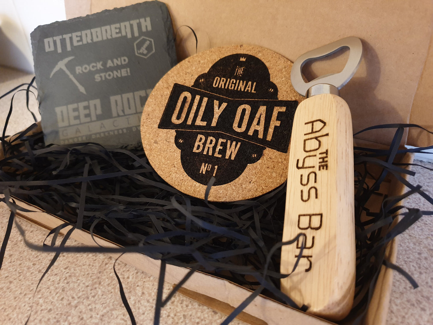 Deep Rock Galactic Combo - Customisable Coaster + Oily Oaf Coaster + Abyss Bar Bottle Opener - Excellent Rock and Stone fan gift!