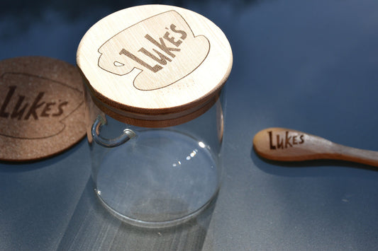 Luke's Coffee - Gilmore Girls Inspired 500ml Coffee Storage Jar - Glass & Bamboo w/ spoon - Customisable underside quote. Great Fan Gift