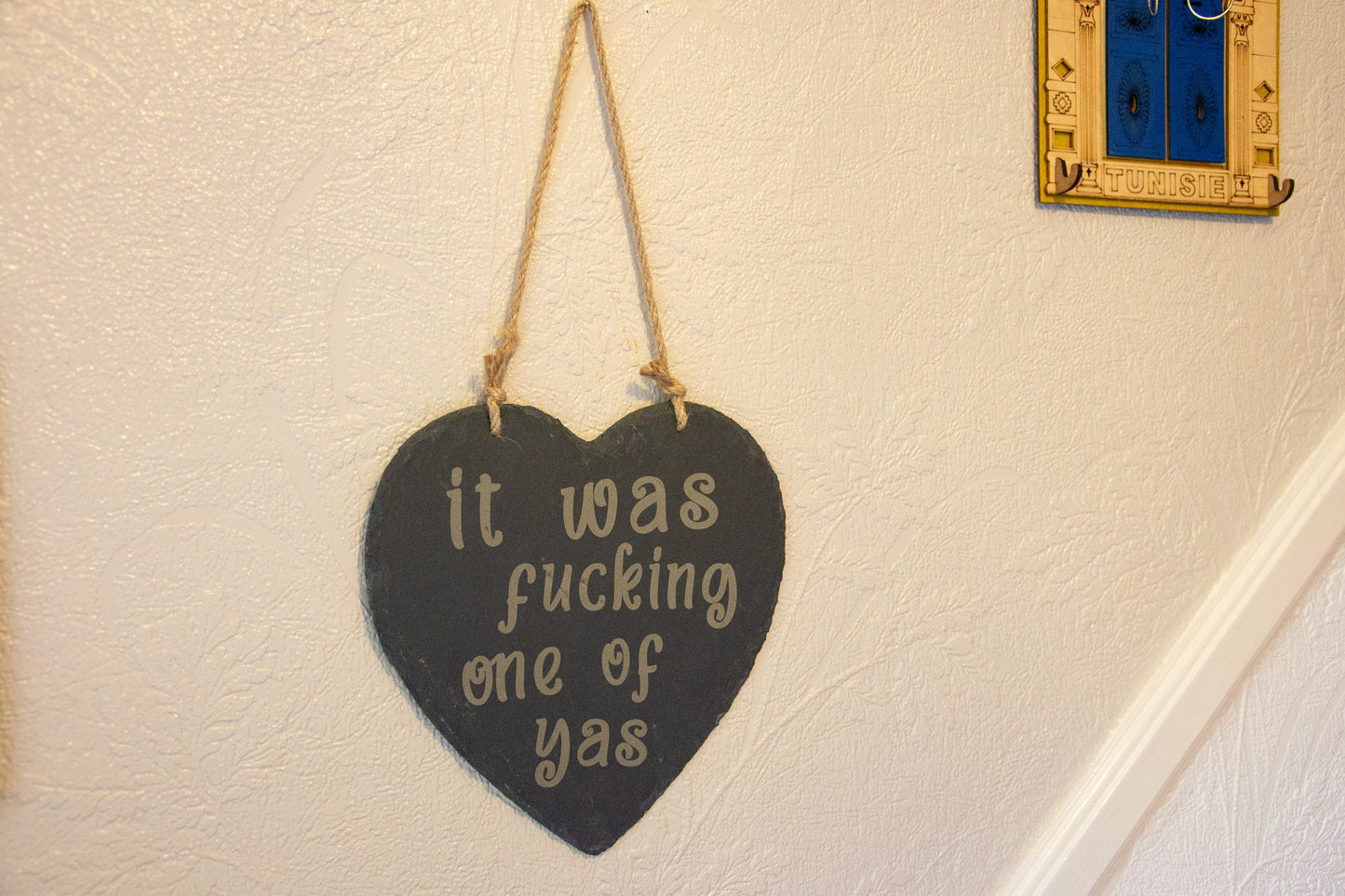Scottish Patter - Hanging slate heart signs 25cm x 25cm - Scotland Humour // Did Ye Aye - Yer da sells Avon - Get tae f*** - ...one of yas