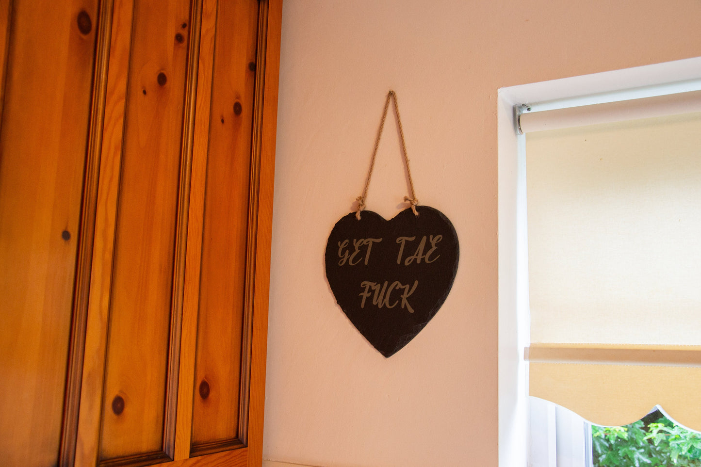 Scottish Patter - Hanging slate heart signs 25cm x 25cm - Scotland Humour // Did Ye Aye - Yer da sells Avon - Get tae f*** - ...one of yas